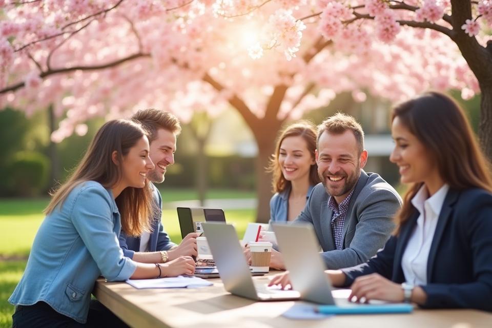 桜の木の下で笑顔で働くビジネスパーソン